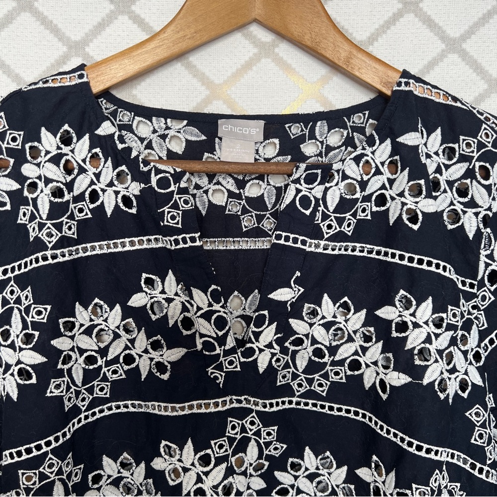 Chico's Navy and White Eyelet Blouse